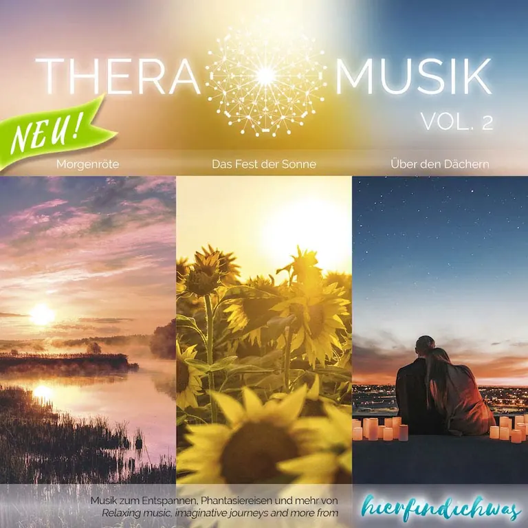 Cover von TheraMusik Vol. 2 mit Morgenlicht, Sonnenblumen und Abendhimmel